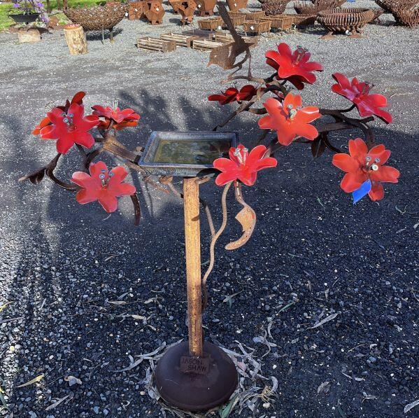 Steel Post Bird Bath Red Flowers The Creek Gallery & Garden